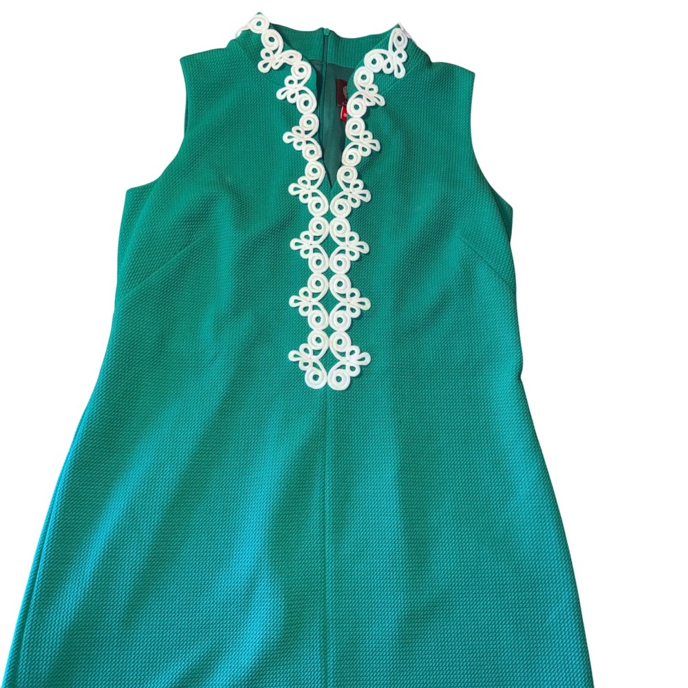 Vince Camuto Womens 14 Green Shift Dress Soutache Trim Sleeveless Textured Crepe